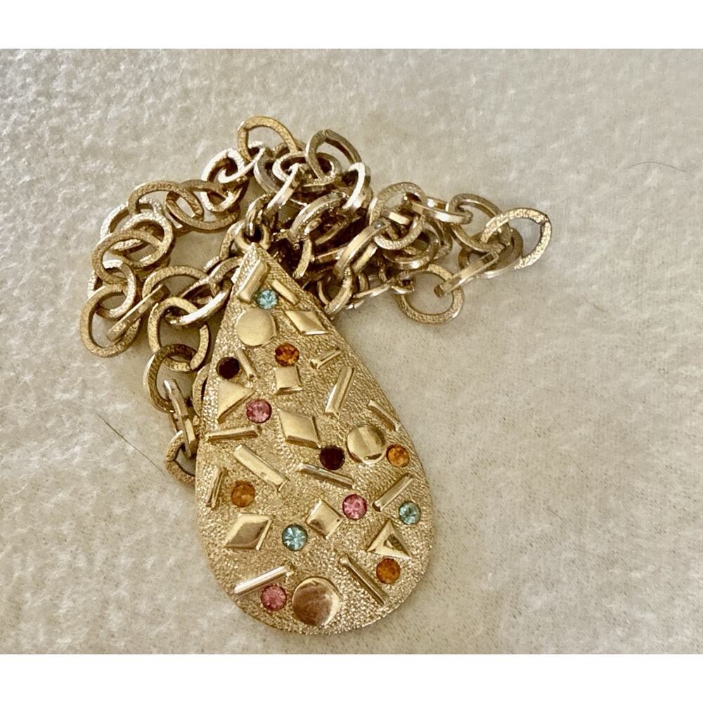 Vintage Sarah Coventry Gold Tone Multi Colored Stone Pendant Necklace 18"